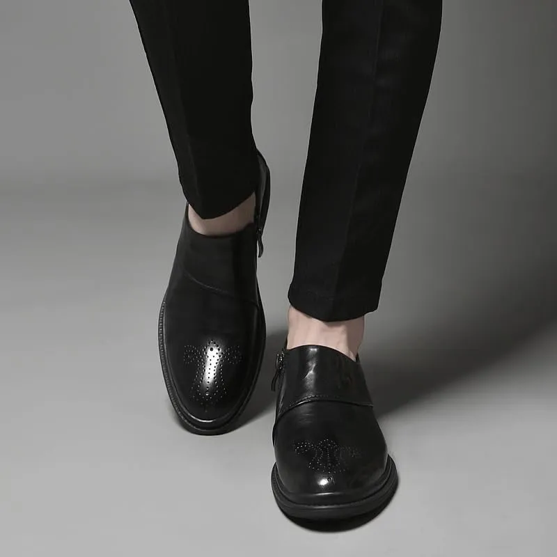 Oxford Formal Shoes for Men Slip On Round Burnished Toe Brogue Shoes Rubber Sole Low Top Slip Resistant Working