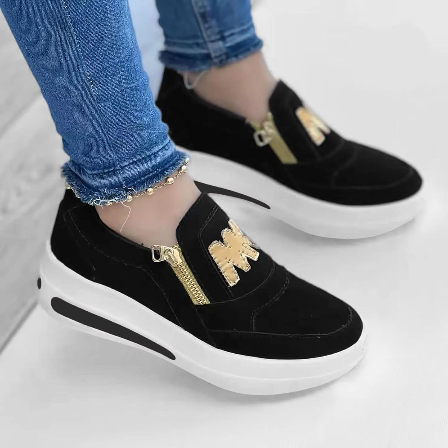 Platform Loafers for Women 2025 Arch Support Tennis Running Side Zipper Sneakers Summer Comfortable Slip On Round Toe Low-Top Shoes Ladies Cushion Footbed Walking Shoes for Gym Travel Work