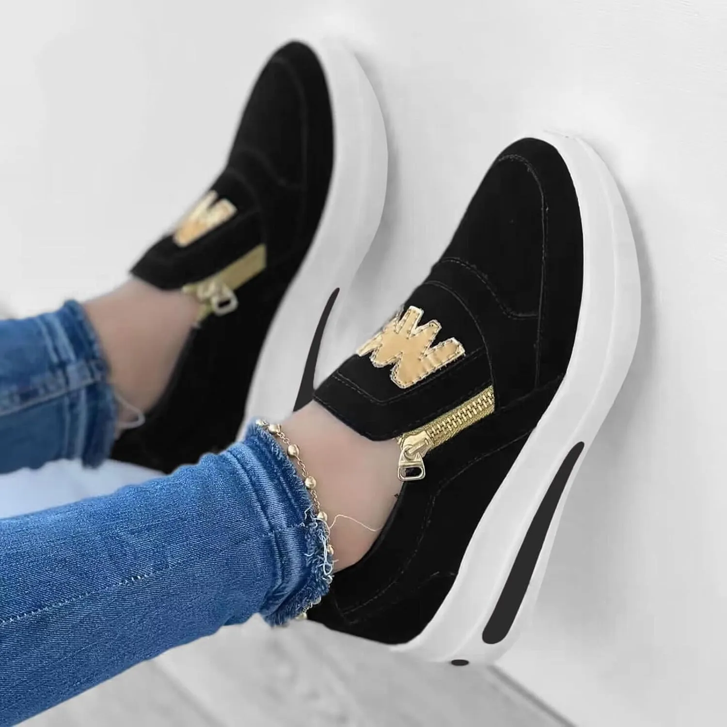 Platform Loafers for Women 2025 Arch Support Tennis Running Side Zipper Sneakers Summer Comfortable Slip On Round Toe Low-Top Shoes Ladies Cushion Footbed Walking Shoes for Gym Travel Work