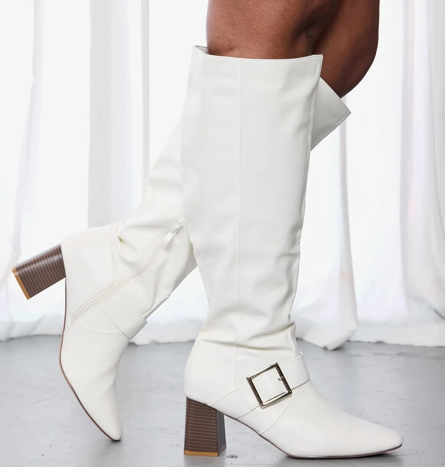 RF ROOM OF FASHION Women's Wide Calf Square Toe Block Heel Knee High Dress Boots