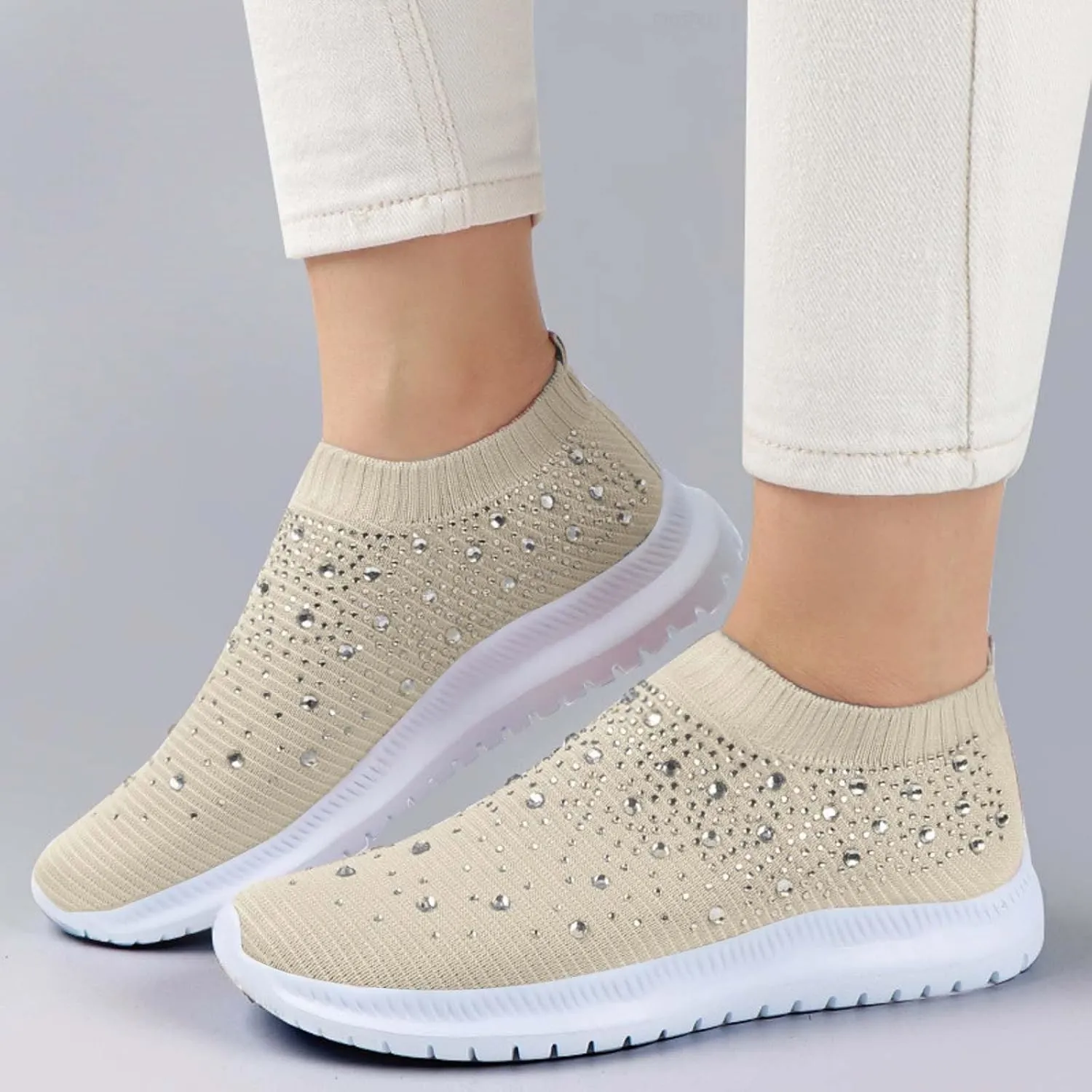 Rhinestones Casual Shoes or Women Slip On Sparkly Cushioned Footbed Soft Padded Insole Arch Support Jogging Tennis Sneakers Breathable Comfy Lightweight Walking Shoe for Gym Travel Daily Wear