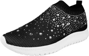 Rhinestones Casual Shoes or Women Slip On Sparkly Cushioned Footbed Soft Padded Insole Arch Support Jogging Tennis Sneakers Breathable Comfy Lightweight Walking Shoe for Gym Travel Daily Wear