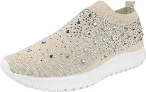 Rhinestones Casual Shoes or Women Slip On Sparkly Cushioned Footbed Soft Padded Insole Arch Support Jogging Tennis Sneakers Breathable Comfy Lightweight Walking Shoe for Gym Travel Daily Wear