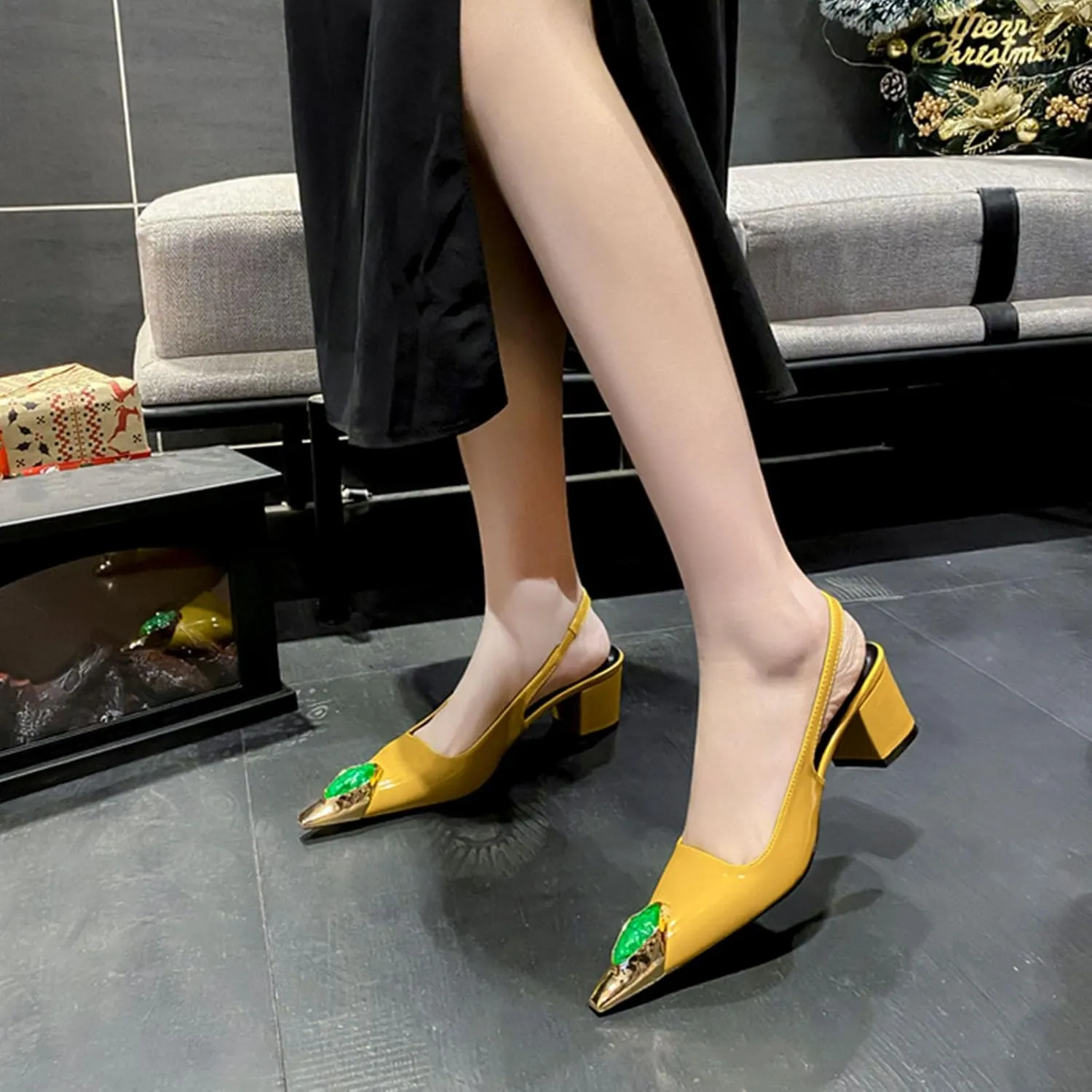 Rhinestones Chunky Low Block Heels for women Pointed Closed Toe Business Dress Shoes Wedding Party Comfortable Pumps Shoes