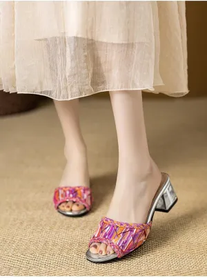 SACFOF Women's Block Heels Mules, Summer Open Toe Block Heels Sandals Chunky Low Heeled Slippers Wedding Dress Pump Shoes