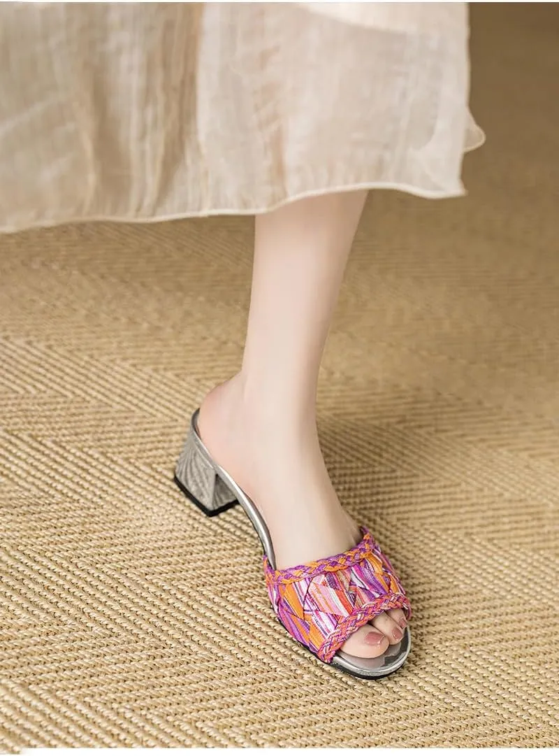 SACFOF Women's Block Heels Mules, Summer Open Toe Block Heels Sandals Chunky Low Heeled Slippers Wedding Dress Pump Shoes