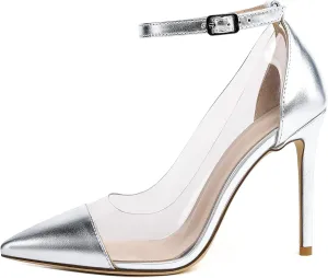 SAMMITOP Women's Clear Pointed Toe 4'Inch High Heel Stilettos Ankle Strap Pumps Transparent PVC Fashion Wedding Party Dress Shoes