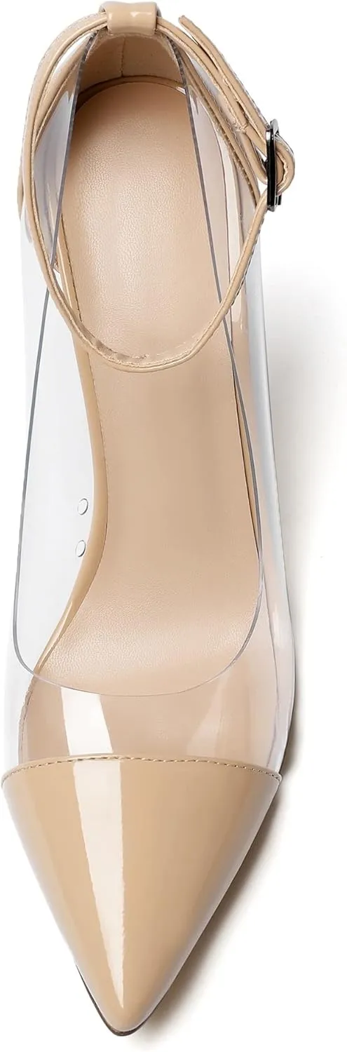 SAMMITOP Women's Clear Pointed Toe 4'Inch High Heel Stilettos Ankle Strap Pumps Transparent PVC Fashion Wedding Party Dress Shoes
