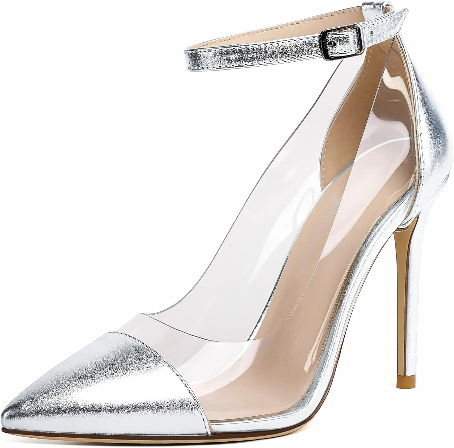 SAMMITOP Women's Clear Pointed Toe 4'Inch High Heel Stilettos Ankle Strap Pumps Transparent PVC Fashion Wedding Party Dress Shoes