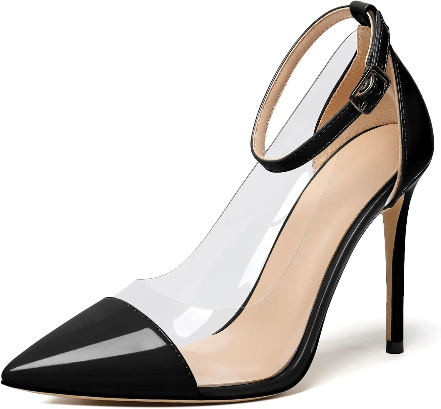 SAMMITOP Women's Clear Pointed Toe 4'Inch High Heel Stilettos Ankle Strap Pumps Transparent PVC Fashion Wedding Party Dress Shoes