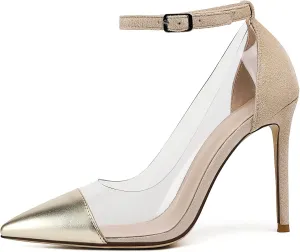 SAMMITOP Women's Clear Pointed Toe 4'Inch High Heel Stilettos Ankle Strap Pumps Transparent PVC Fashion Wedding Party Dress Shoes