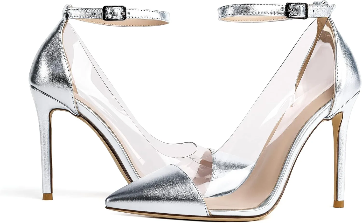 SAMMITOP Women's Clear Pointed Toe 4'Inch High Heel Stilettos Ankle Strap Pumps Transparent PVC Fashion Wedding Party Dress Shoes