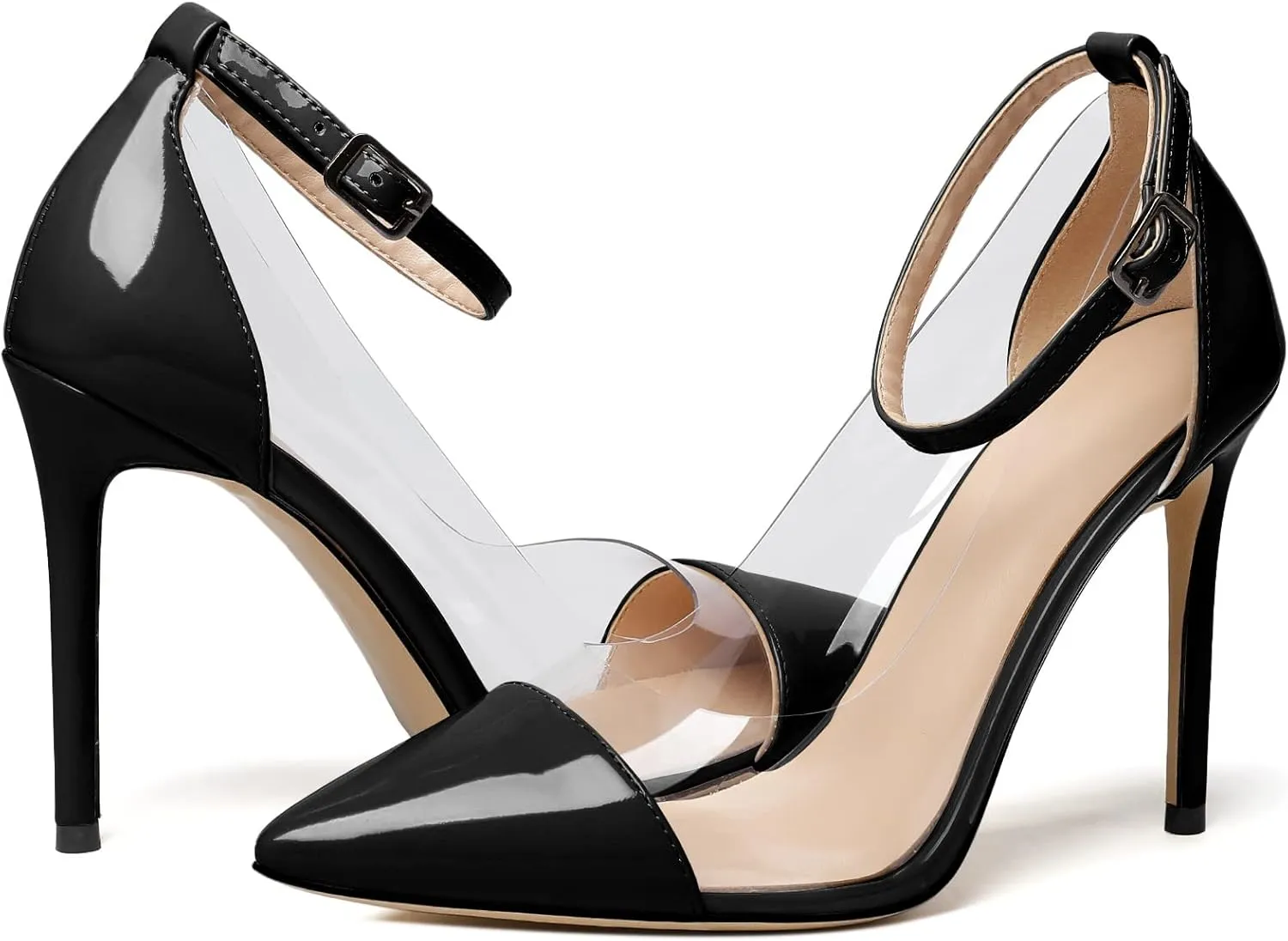 SAMMITOP Women's Clear Pointed Toe 4'Inch High Heel Stilettos Ankle Strap Pumps Transparent PVC Fashion Wedding Party Dress Shoes