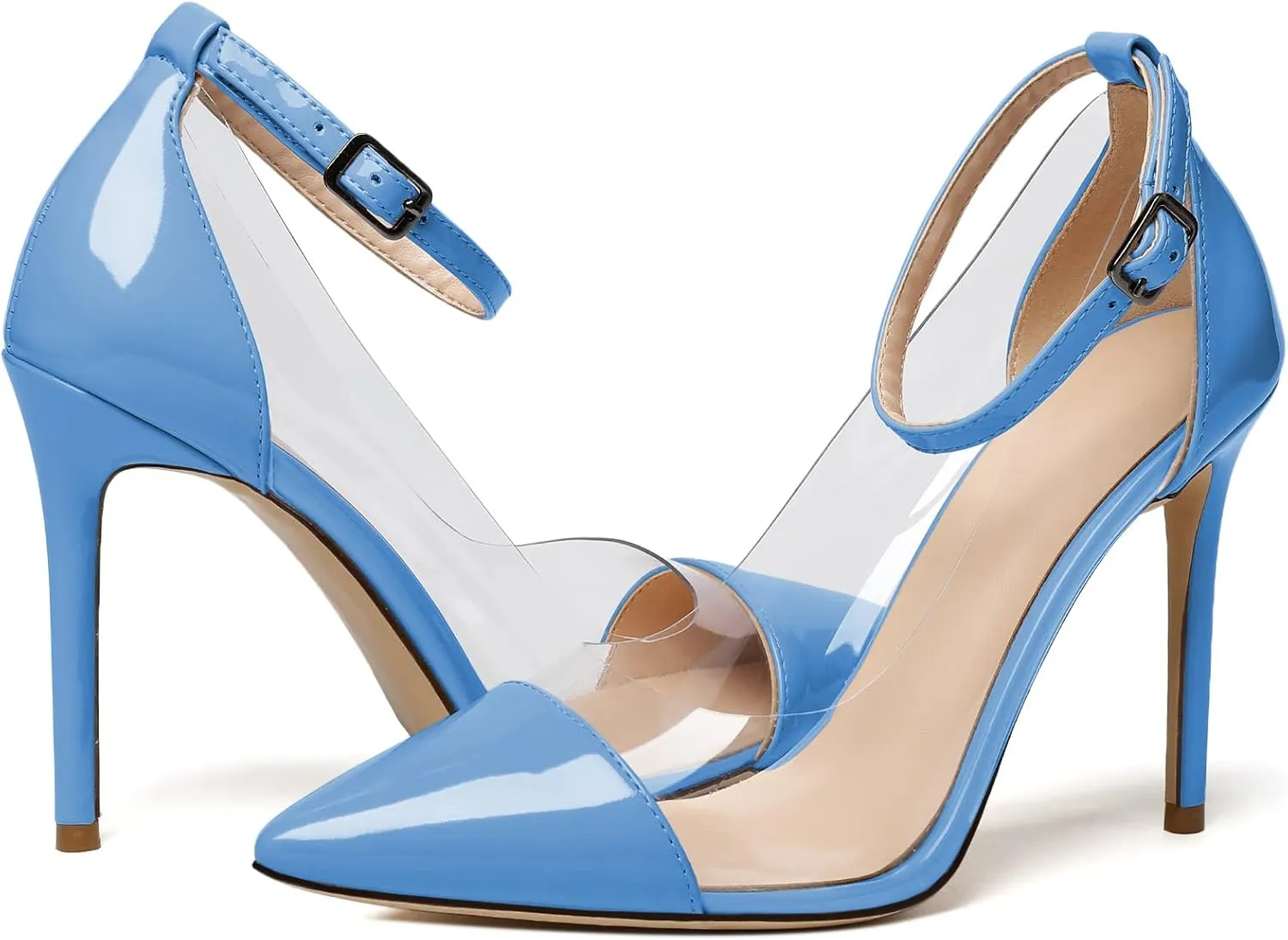 SAMMITOP Women's Clear Pointed Toe 4'Inch High Heel Stilettos Ankle Strap Pumps Transparent PVC Fashion Wedding Party Dress Shoes