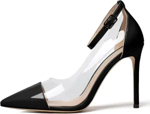 SAMMITOP Women's Clear Pointed Toe 4'Inch High Heel Stilettos Ankle Strap Pumps Transparent PVC Fashion Wedding Party Dress Shoes