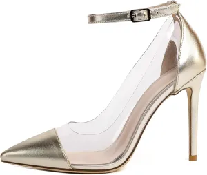 SAMMITOP Women's Clear Pointed Toe 4'Inch High Heel Stilettos Ankle Strap Pumps Transparent PVC Fashion Wedding Party Dress Shoes