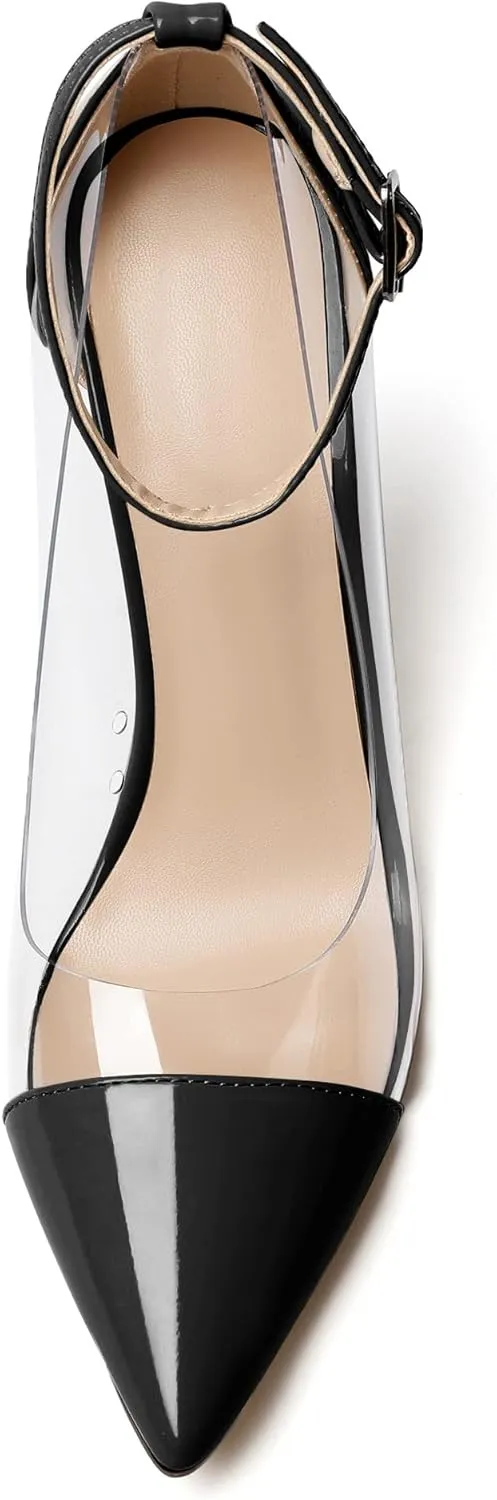 SAMMITOP Women's Clear Pointed Toe 4'Inch High Heel Stilettos Ankle Strap Pumps Transparent PVC Fashion Wedding Party Dress Shoes