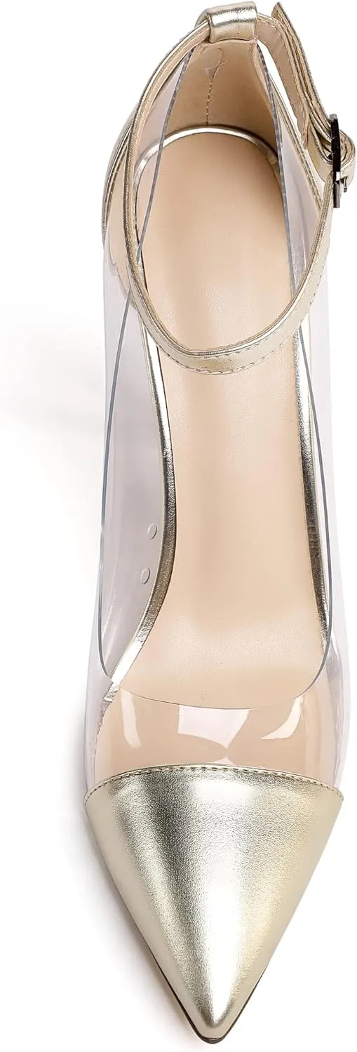 SAMMITOP Women's Clear Pointed Toe 4'Inch High Heel Stilettos Ankle Strap Pumps Transparent PVC Fashion Wedding Party Dress Shoes