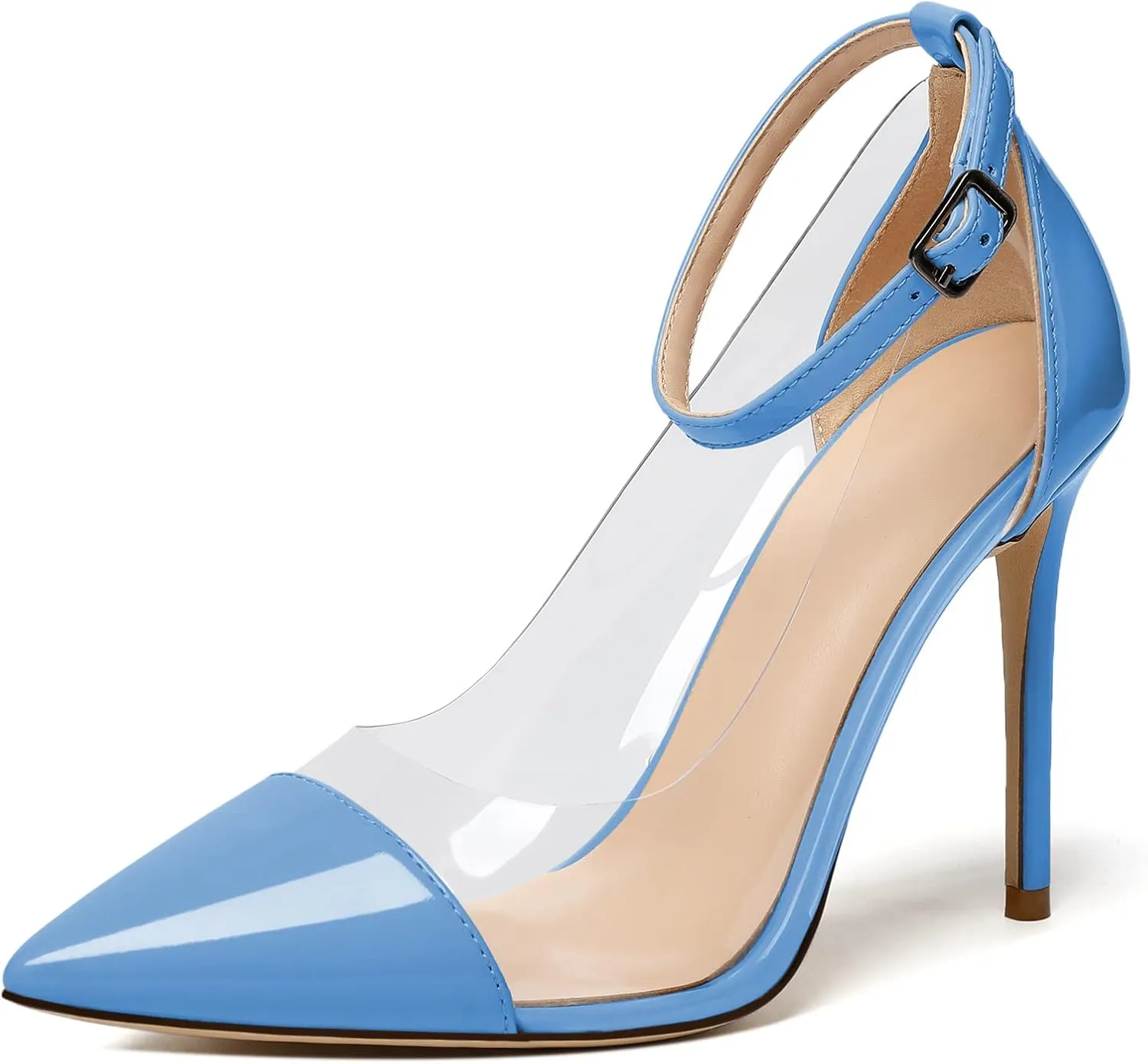 SAMMITOP Women's Clear Pointed Toe 4'Inch High Heel Stilettos Ankle Strap Pumps Transparent PVC Fashion Wedding Party Dress Shoes