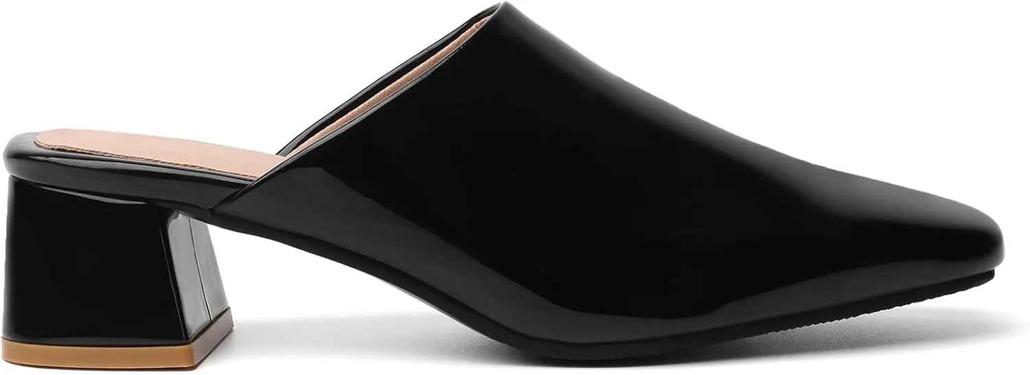 SHEMEE Women's Closed Square Toe Chunky Heel Slides Mule Pumps Slip On Mid Block Heels Slippers Sandals Backless Slingback Shoes