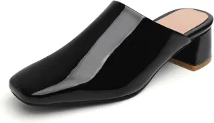 SHEMEE Women's Closed Square Toe Chunky Heel Slides Mule Pumps Slip On Mid Block Heels Slippers Sandals Backless Slingback Shoes