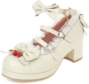 SHEMEE Women's Kawaii Sweet Bow Cosplay Dress Shoes Chunky Platform Mid Block Heels Buckle Ankle Strap Mary Jane Pumps