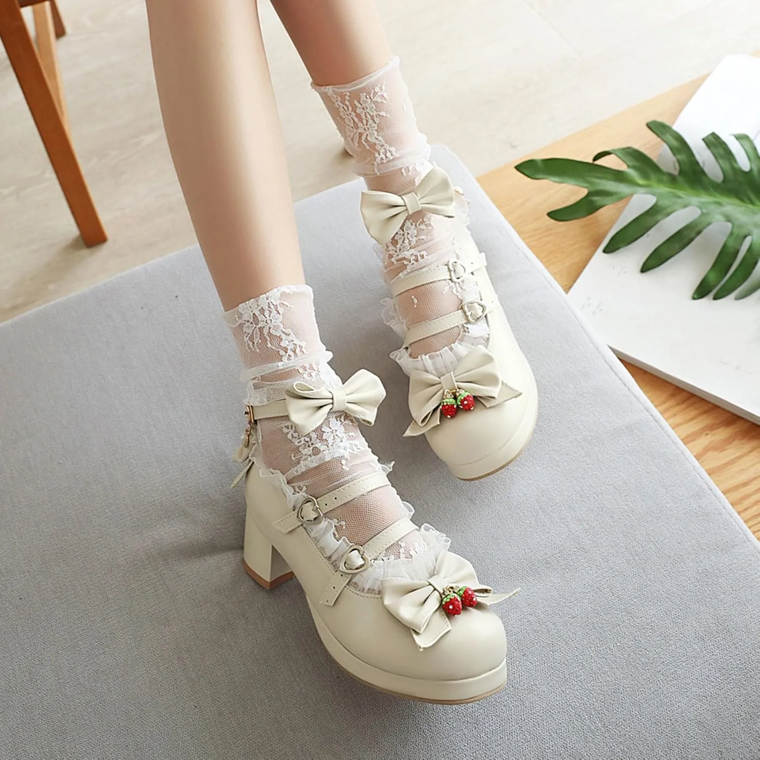 SHEMEE Women's Kawaii Sweet Bow Cosplay Dress Shoes Chunky Platform Mid Block Heels Buckle Ankle Strap Mary Jane Pumps