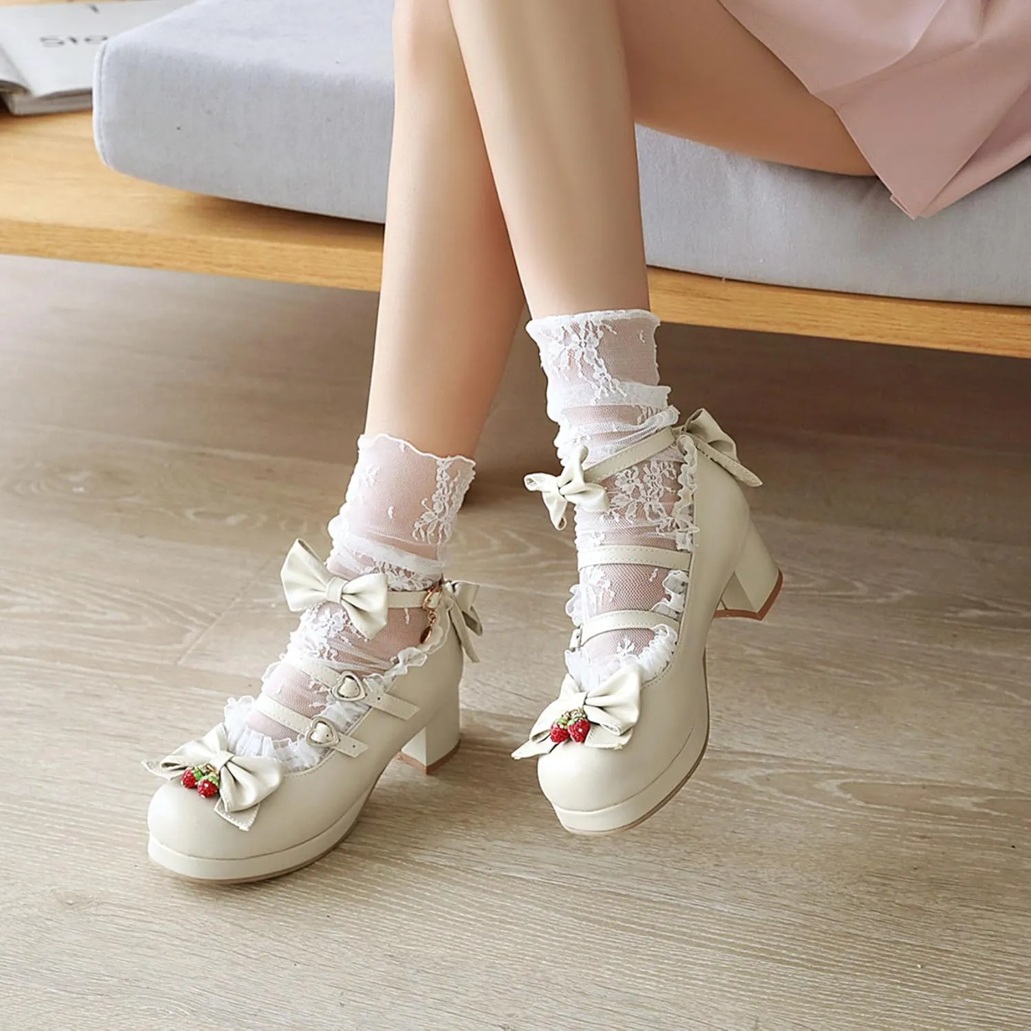 SHEMEE Women's Kawaii Sweet Bow Cosplay Dress Shoes Chunky Platform Mid Block Heels Buckle Ankle Strap Mary Jane Pumps