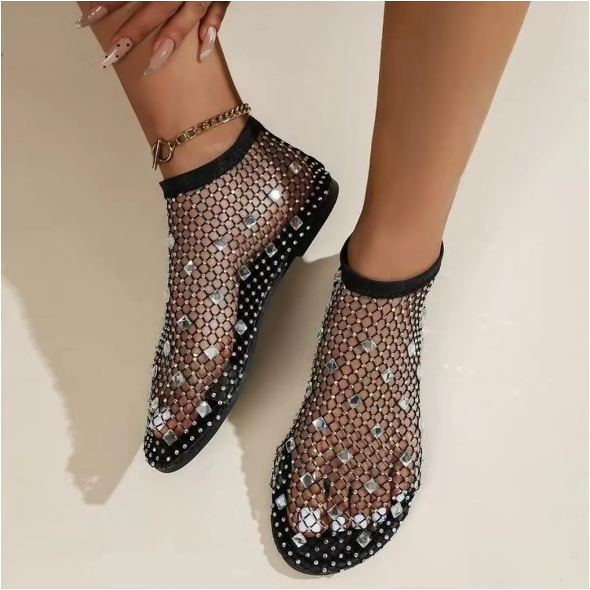 Shiny Gem Mesh Flats Women,Glittery Stretchy Net Shoes Women Ultra Comfortable Shiny Gem Mesh Flats Sparkle Shoe,Sexy Flat Cutout Sparkly Casual Wedding Dress Flats Slip On Sandals