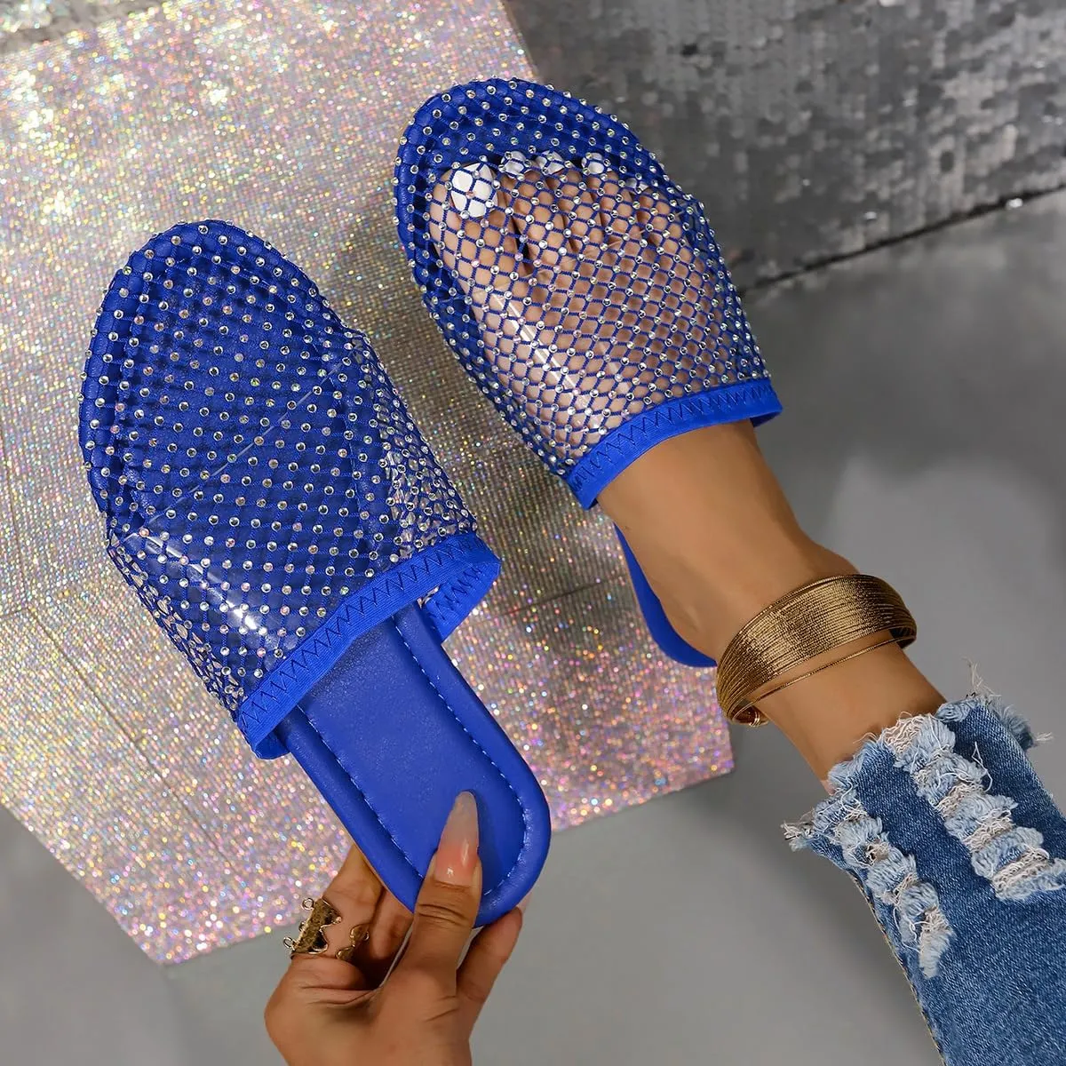 Shiny Rhinestone Mesh Flats, Bling Sandals for Women, Glittery Stretchy Net slipper Women Ultra Comfortable Shiny Gem Mesh Flats Sparkle slipper Toe Casual Slingback Flat slipper