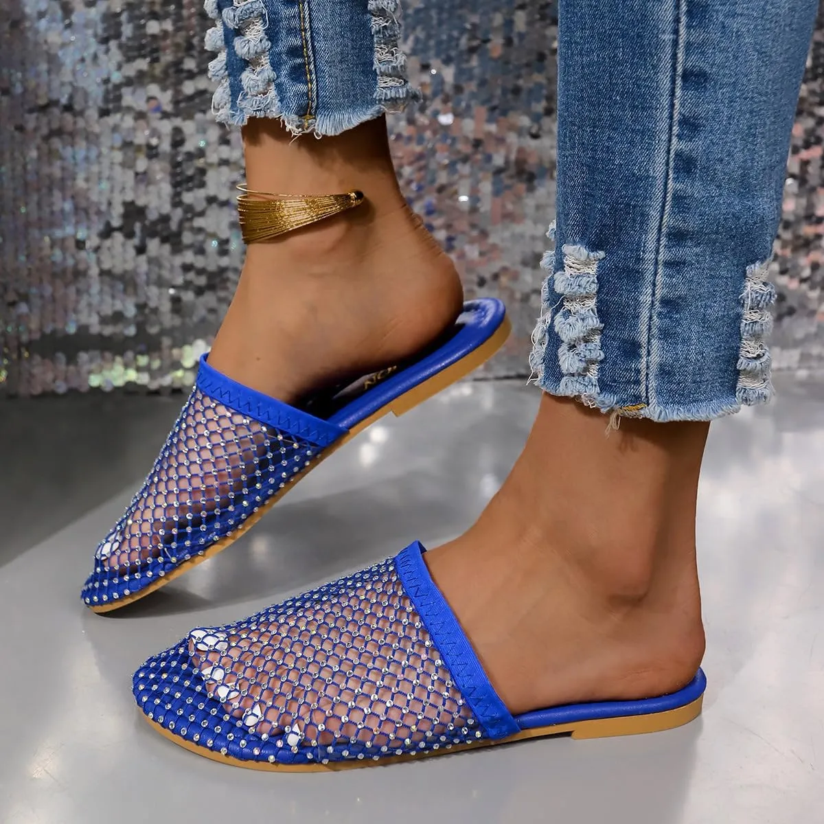 Shiny Rhinestone Mesh Flats, Bling Sandals for Women, Glittery Stretchy Net slipper Women Ultra Comfortable Shiny Gem Mesh Flats Sparkle slipper Toe Casual Slingback Flat slipper