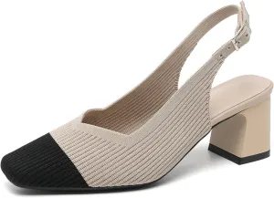 Slingback Heels for Women Square Toe Comfortable Knit Work Office Chunky Heels Pumps Sexy Low Block Heel Wedding Dressy Shoes
