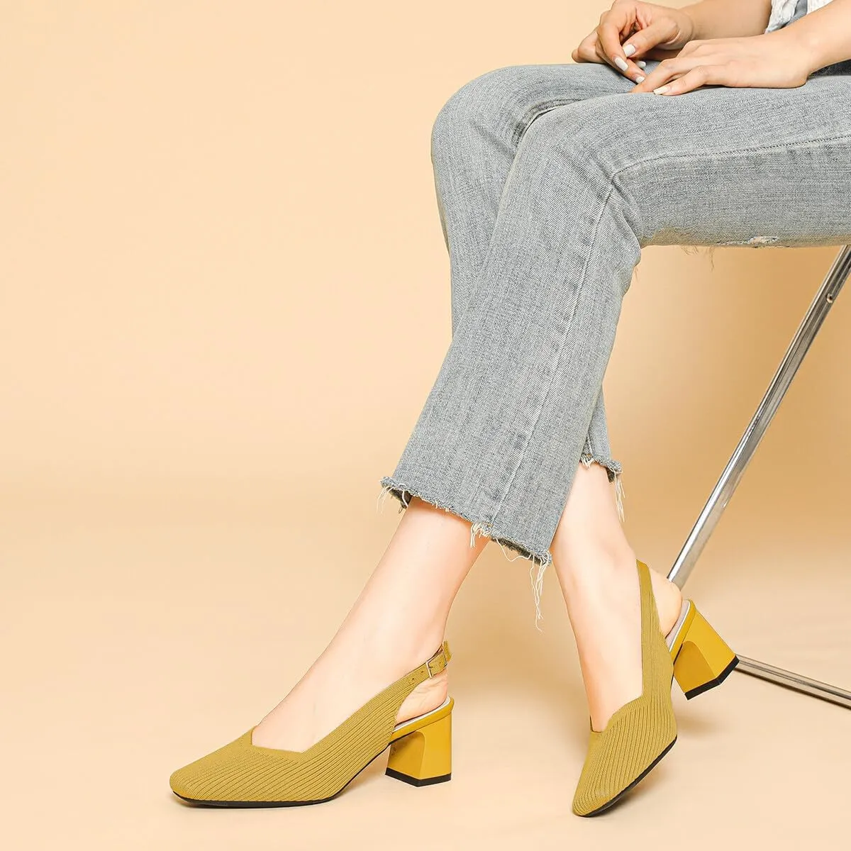 Slingback Heels for Women Square Toe Comfortable Knit Work Office Chunky Heels Pumps Sexy Low Block Heel Wedding Dressy Shoes