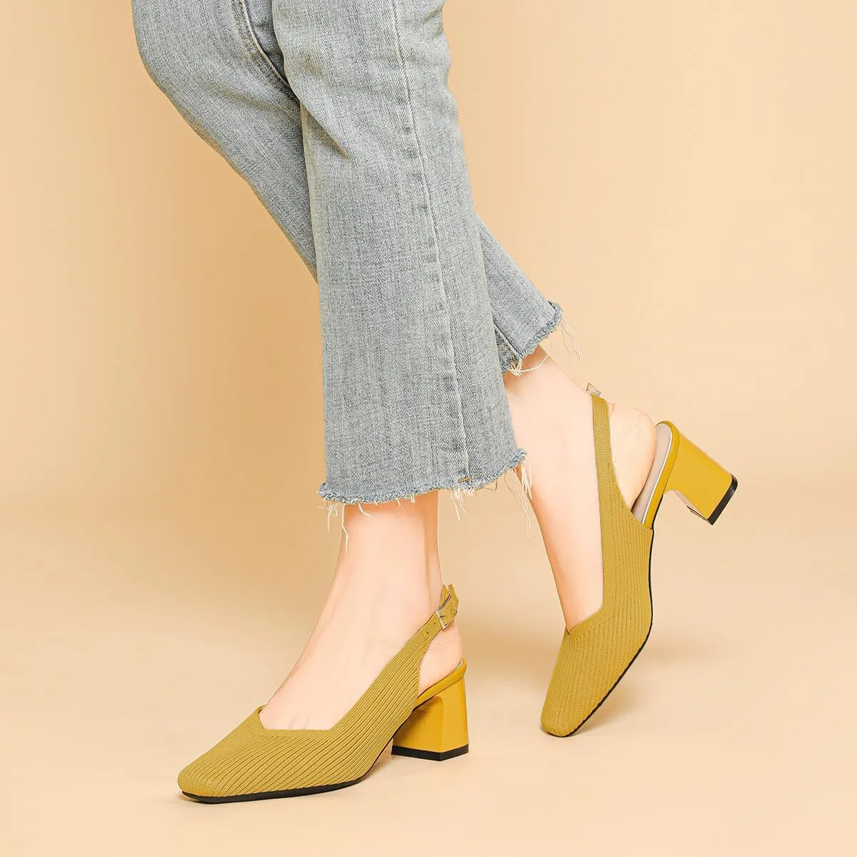 Slingback Heels for Women Square Toe Comfortable Knit Work Office Chunky Heels Pumps Sexy Low Block Heel Wedding Dressy Shoes