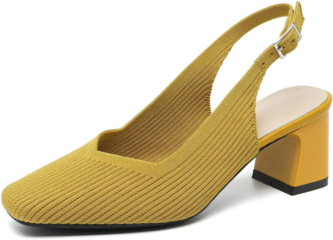 Slingback Heels for Women Square Toe Comfortable Knit Work Office Chunky Heels Pumps Sexy Low Block Heel Wedding Dressy Shoes