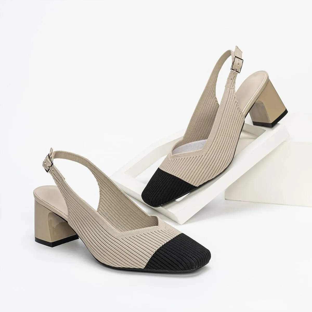 Slingback Heels for Women Square Toe Comfortable Knit Work Office Chunky Heels Pumps Sexy Low Block Heel Wedding Dressy Shoes