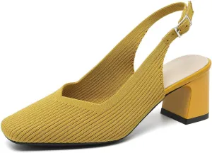 Slingback Heels for Women Square Toe Comfortable Knit Work Office Chunky Heels Pumps Sexy Low Block Heel Wedding Dressy Shoes