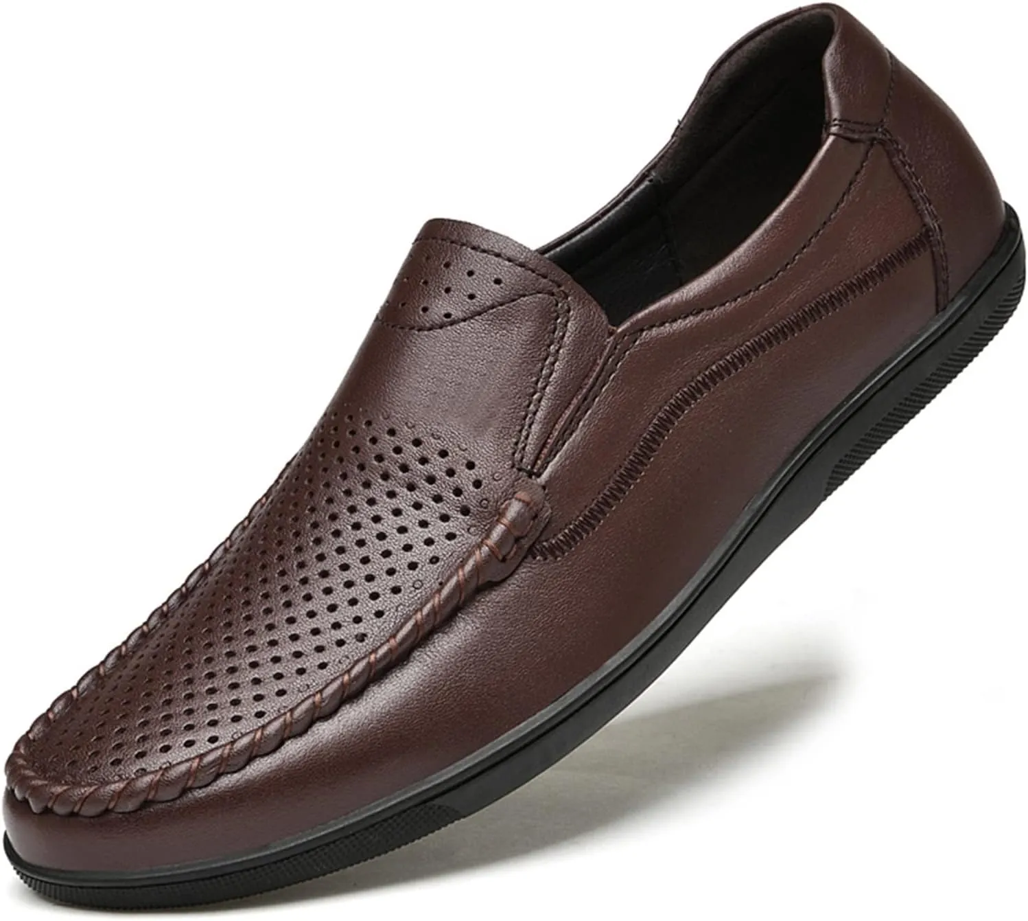 Smoking Loafer for Men Genuine Leather Stitching Details Round Toe Perforated Option Flat Heel Flexible Anti-Slip Lightweight Resistant Driving for Any Attire
