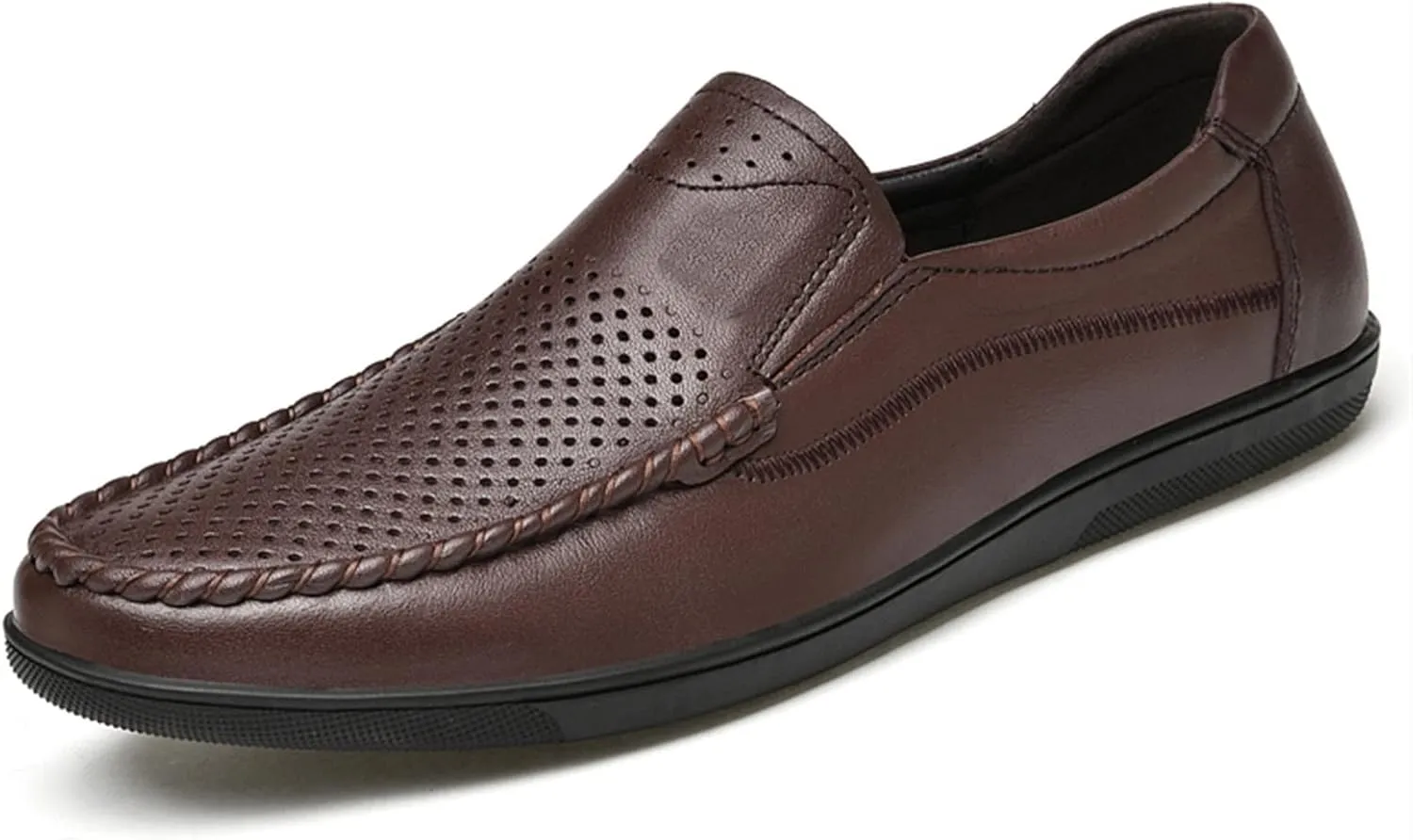 Smoking Loafer for Men Genuine Leather Stitching Details Round Toe Perforated Option Flat Heel Flexible Anti-Slip Lightweight Resistant Driving for Any Attire
