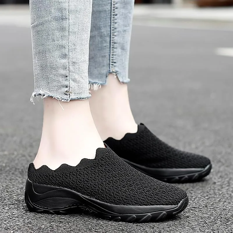 Soft Sole Platform Slip on Walking Shoes - Women's Solid Color Mules - Half Drag Breathable