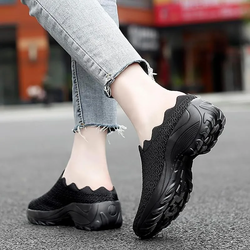 Soft Sole Platform Slip on Walking Shoes - Women's Solid Color Mules - Half Drag Breathable