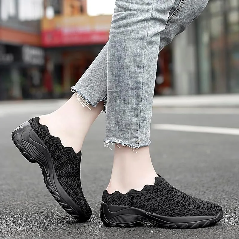 Soft Sole Platform Slip on Walking Shoes - Women's Solid Color Mules - Half Drag Breathable