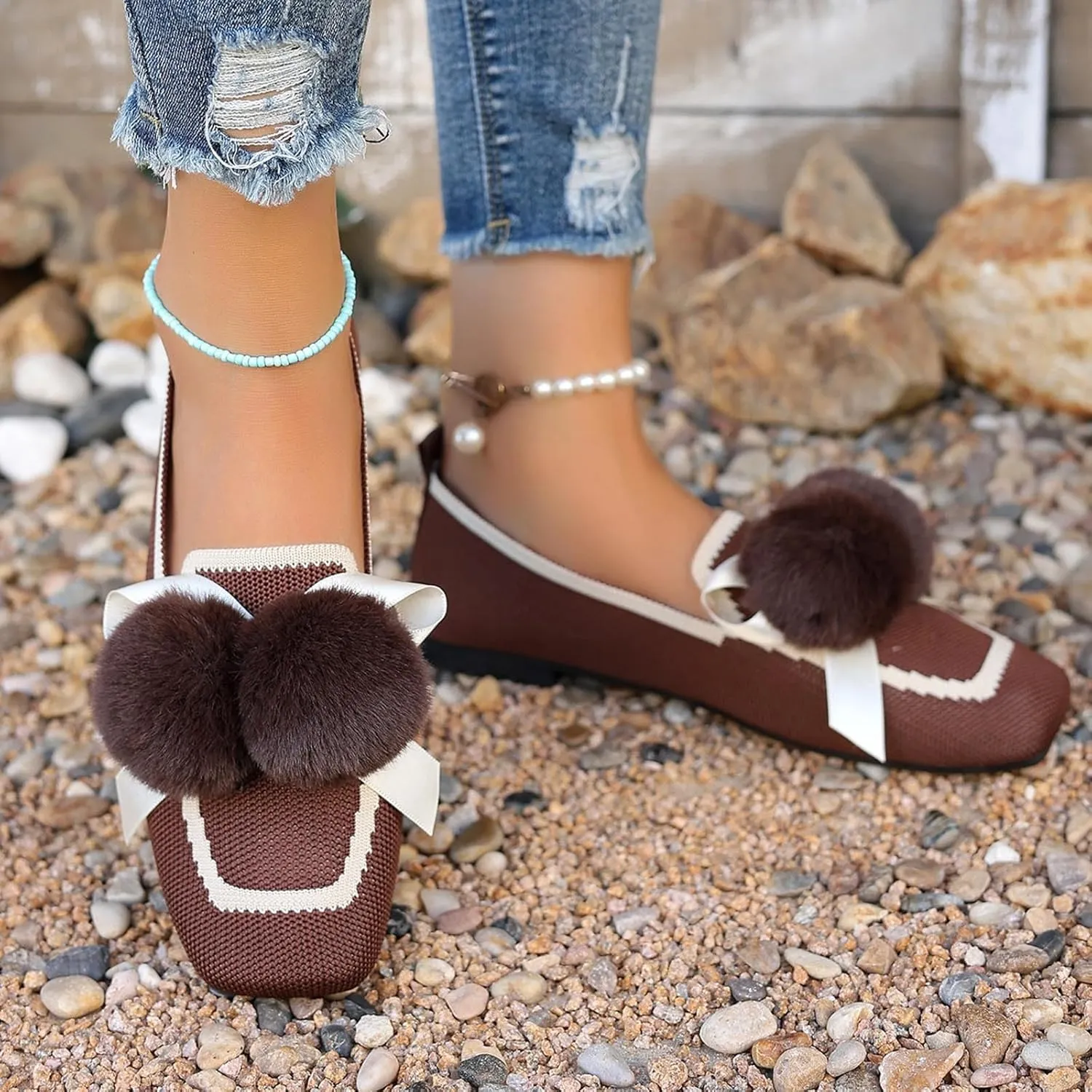 Square Toe Flats for Women Knit Dress Flats Dressy Ballet Flat Slip On Loafers Business Casual Flats Office Shoes