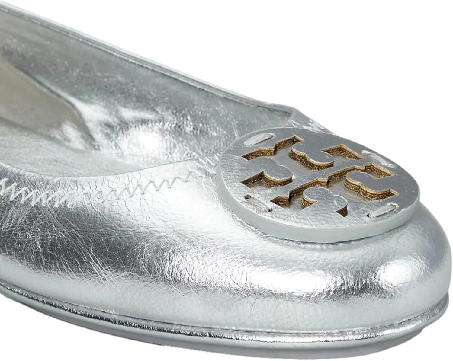 Tory Burch Women's Silver Leather Minnie Travel Ballet Flats