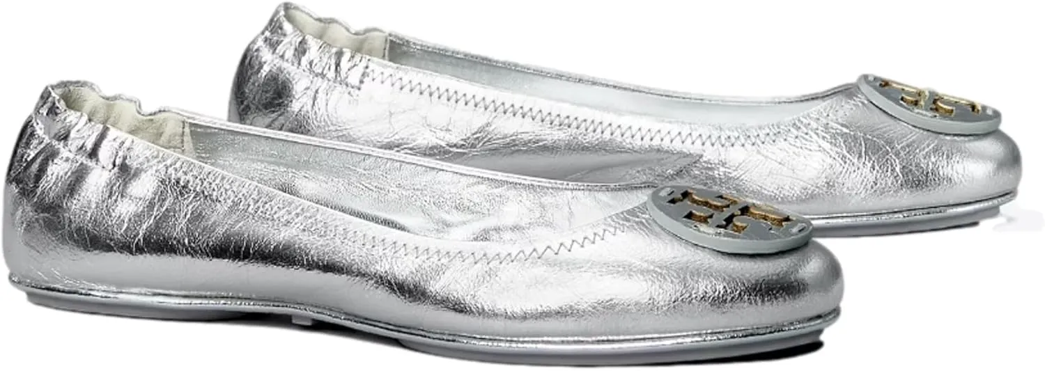 Tory Burch Women's Silver Leather Minnie Travel Ballet Flats