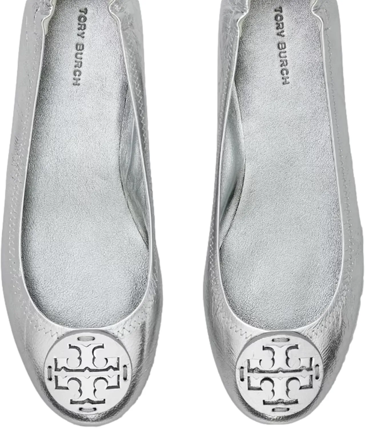 Tory Burch Women's Silver Leather Minnie Travel Ballet Flats