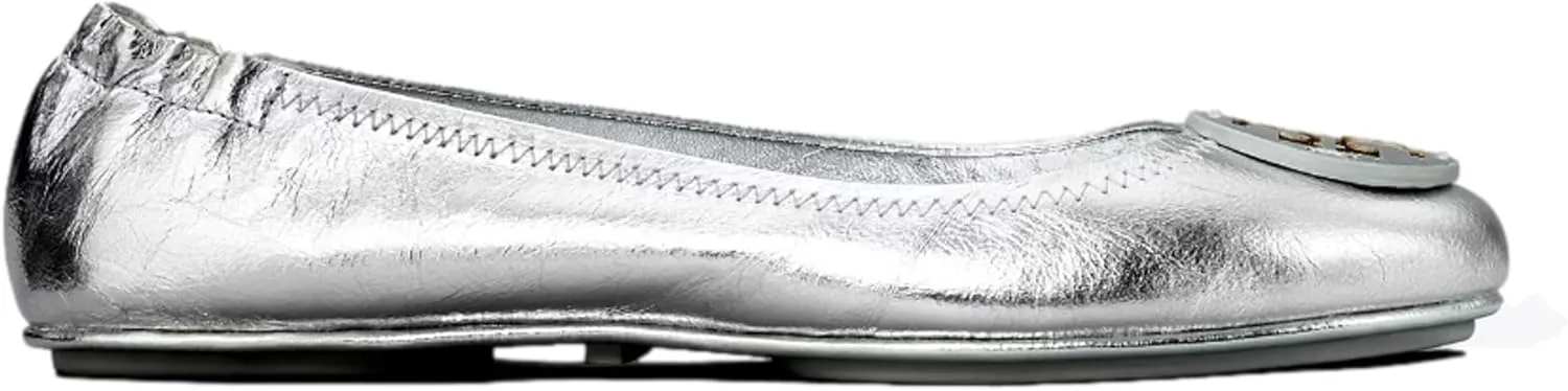 Tory Burch Women's Silver Leather Minnie Travel Ballet Flats