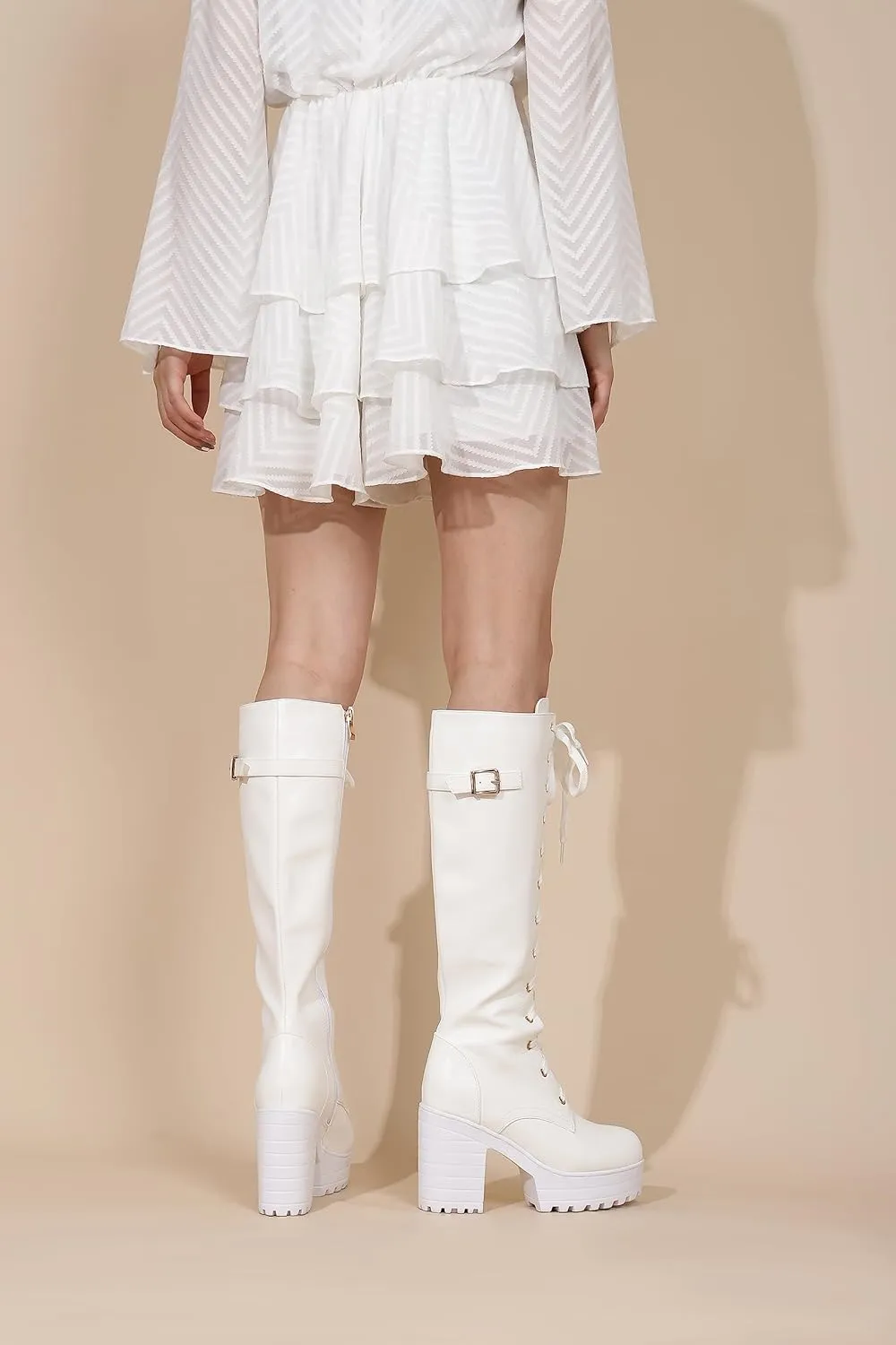 Women Fashion Platform Block Heels Knee High Boots Lace up