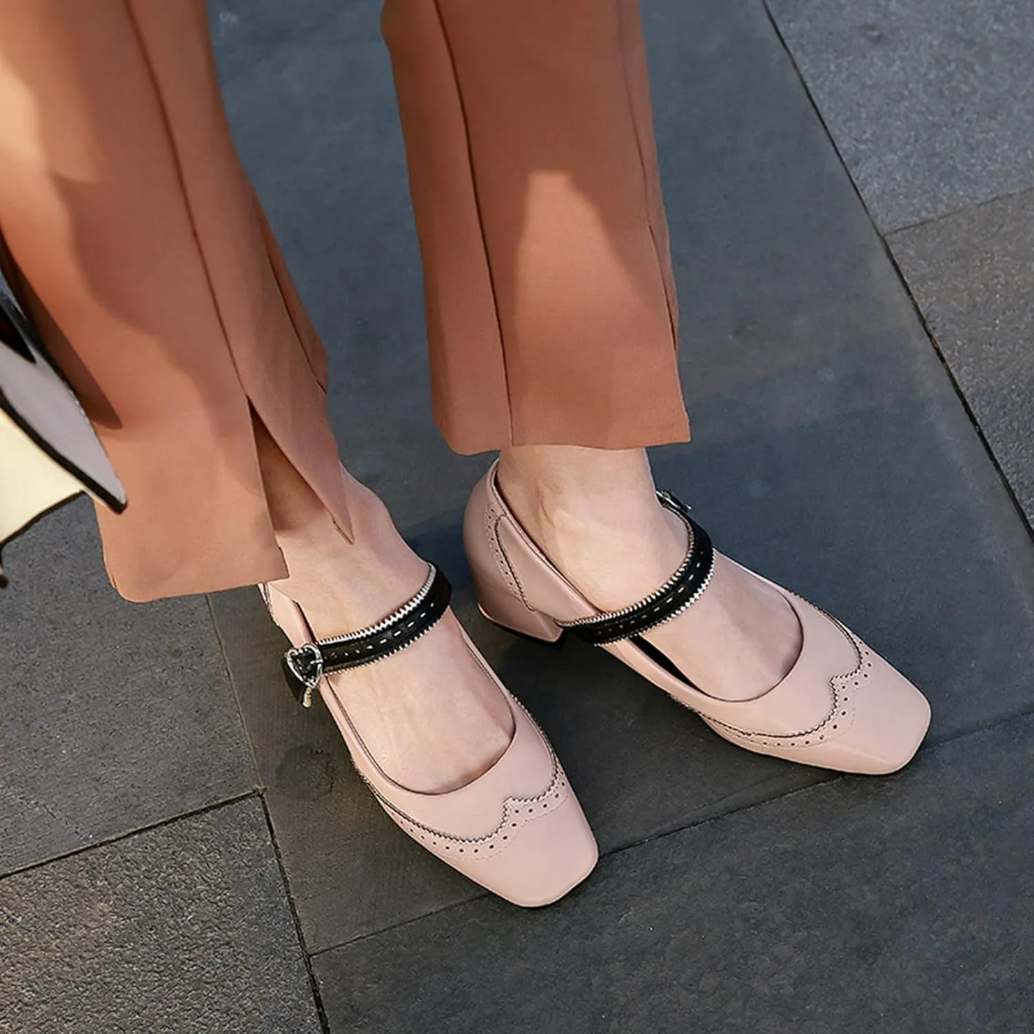 Women Fashion Square Toe Dress Pumps Retro Ankle Strap Mary Janes Retro Mid Block Heel Brogue Shoes
