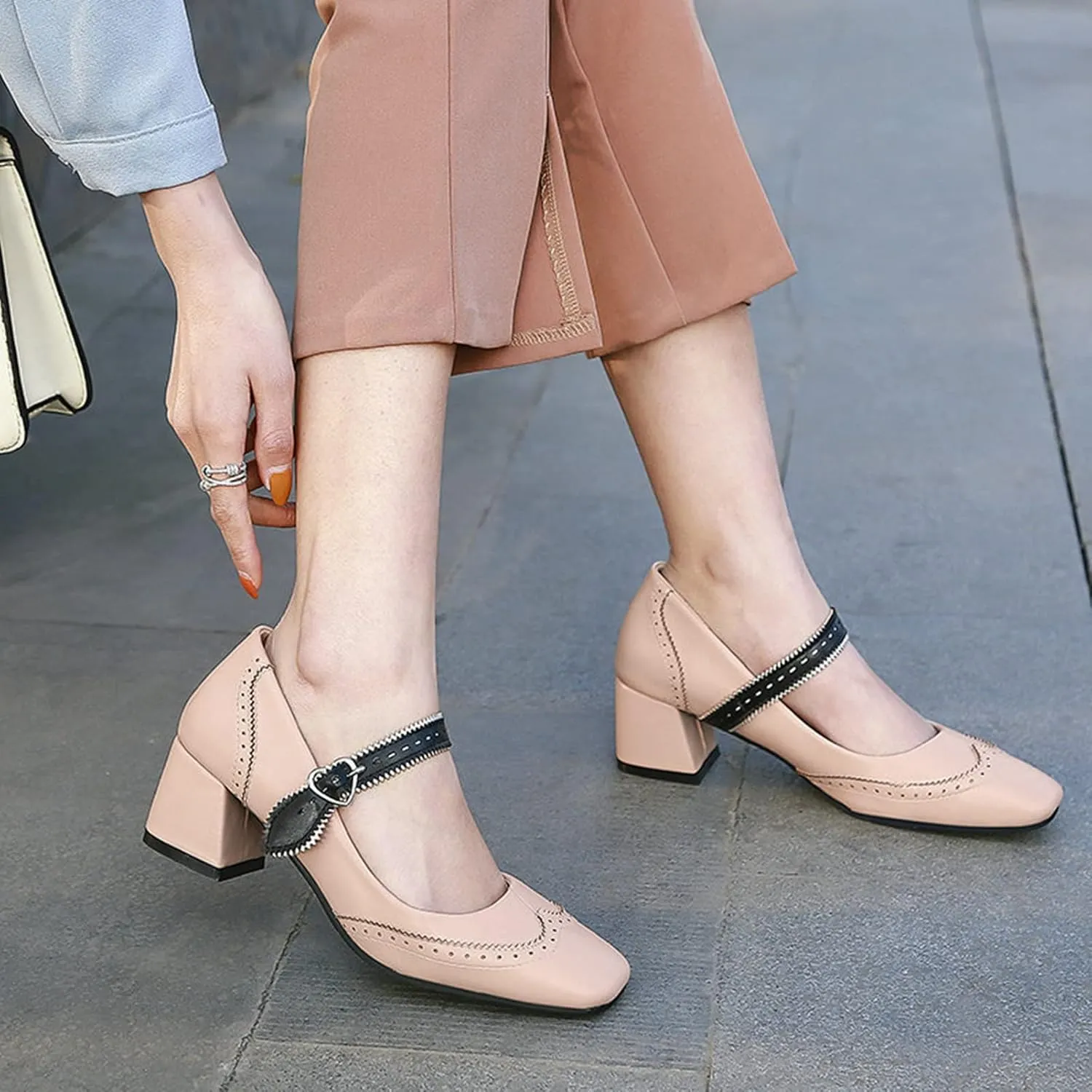 Women Fashion Square Toe Dress Pumps Retro Ankle Strap Mary Janes Retro Mid Block Heel Brogue Shoes